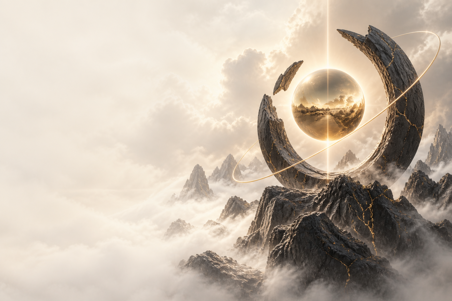 A gold eclipse suspended inside a broken stone crescent above misty mountains